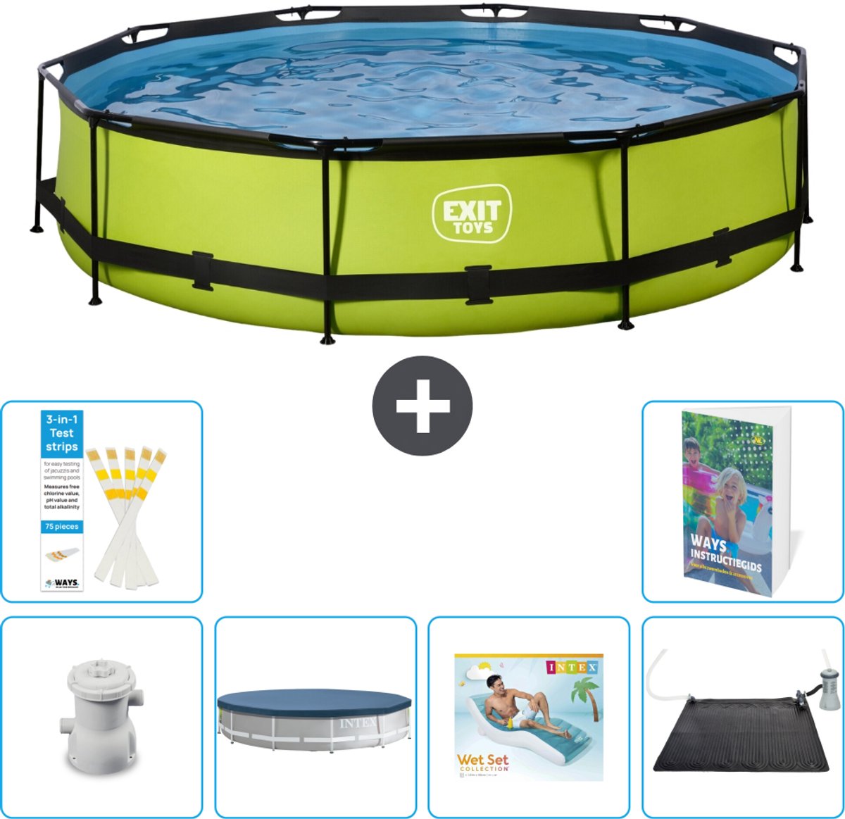 EXIT Rond Lime Frame Zwembad - 360 x 76 cm - Inclusief Pomp - Afdekzeil - Loungebed - Solar Mat - 7-delig
