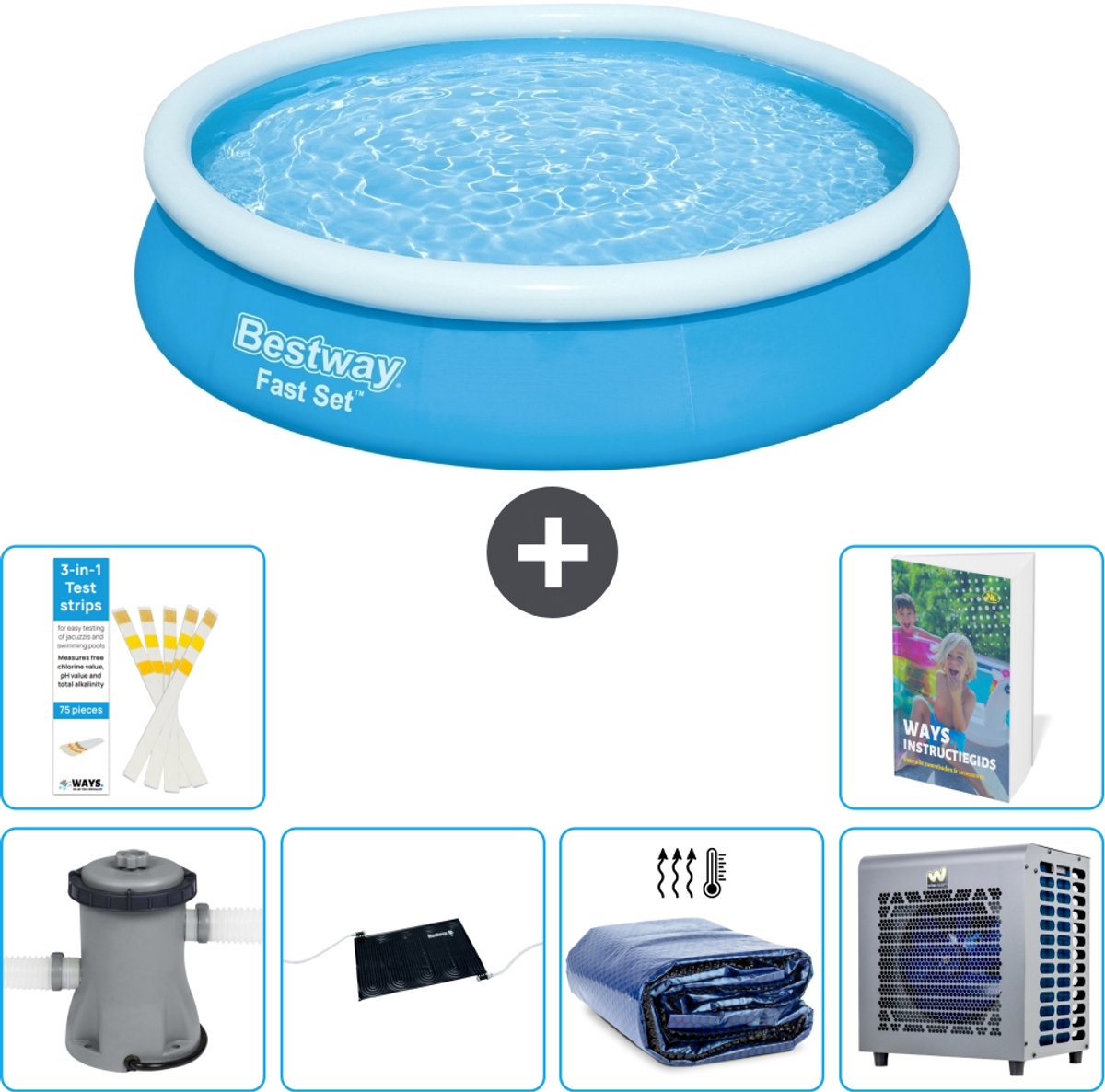 Bestway Rond Opblaasbaar Fast Set Zwembad - 366 x 76 cm - Blauw - Inclusief Pomp - Solar Mat - Solarzeil - Warmtepomp - 7-delig