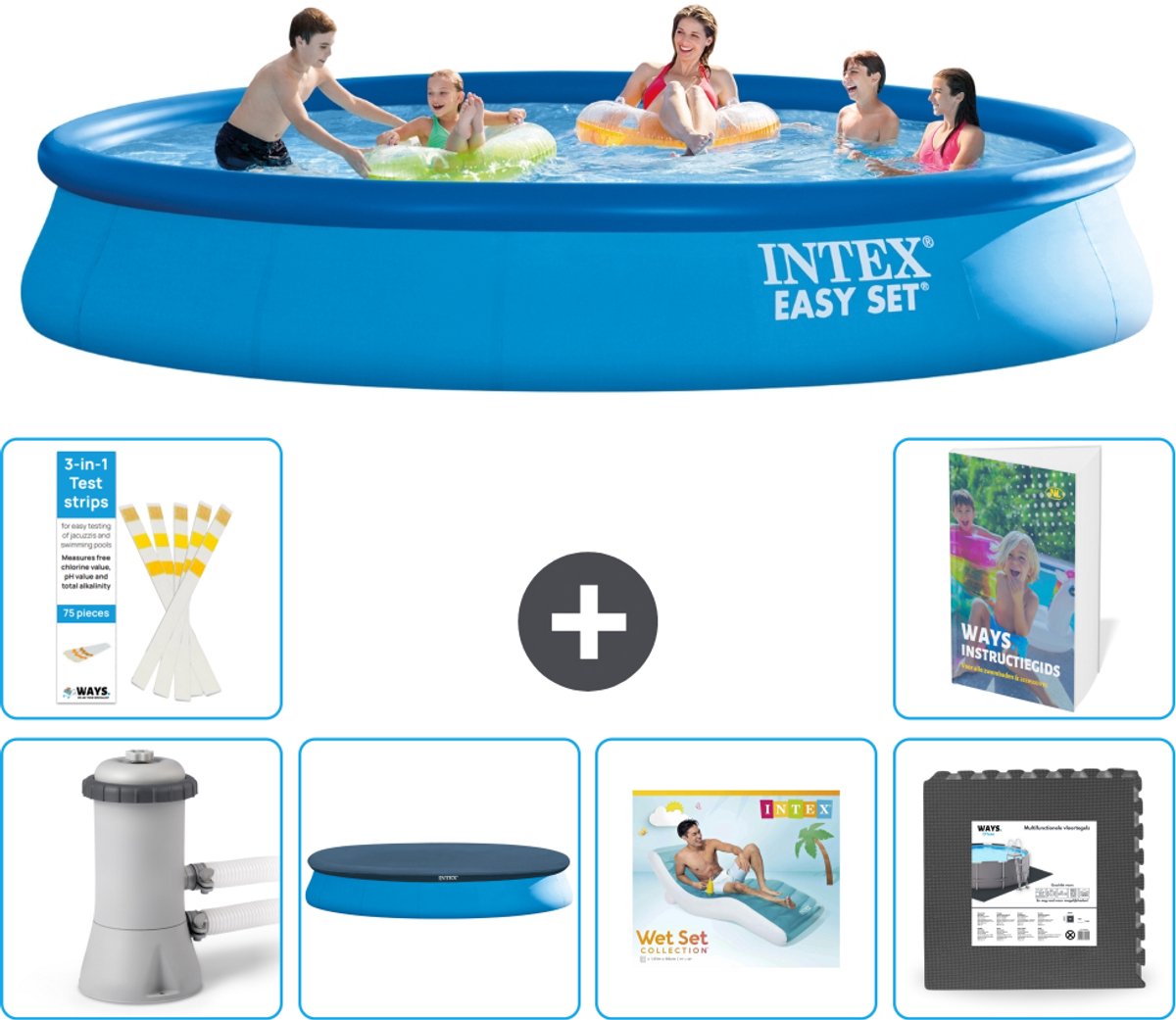 Intex Rond Opblaasbaar Easy Set Zwembad - 457 x 84 cm - Blauw - Inclusief Pomp - Afdekzeil - Loungebed - Vloertegels - 7-delig