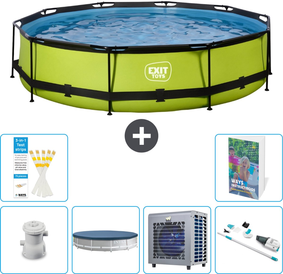 EXIT Rond Lime Frame Zwembad - 360 x 76 cm - Inclusief Pomp - Afdekzeil - Warmtepomp - Stofzuiger - 7-delig