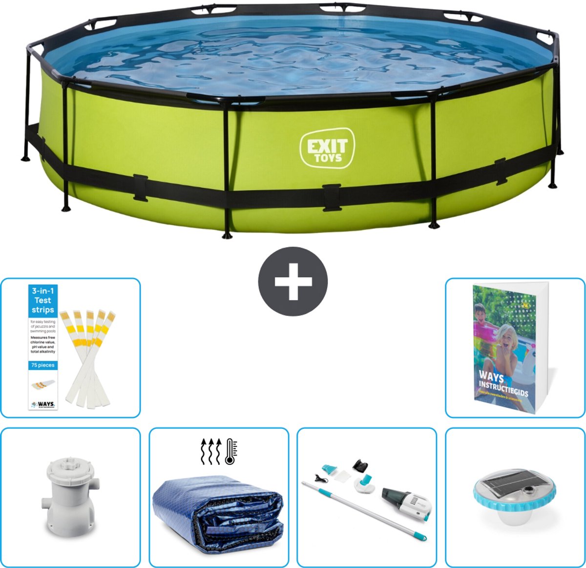 EXIT Rond Lime Frame Zwembad - 360 x 76 cm - Inclusief Pomp - Solarzeil - Stofzuiger - Verlichting - 7-delig