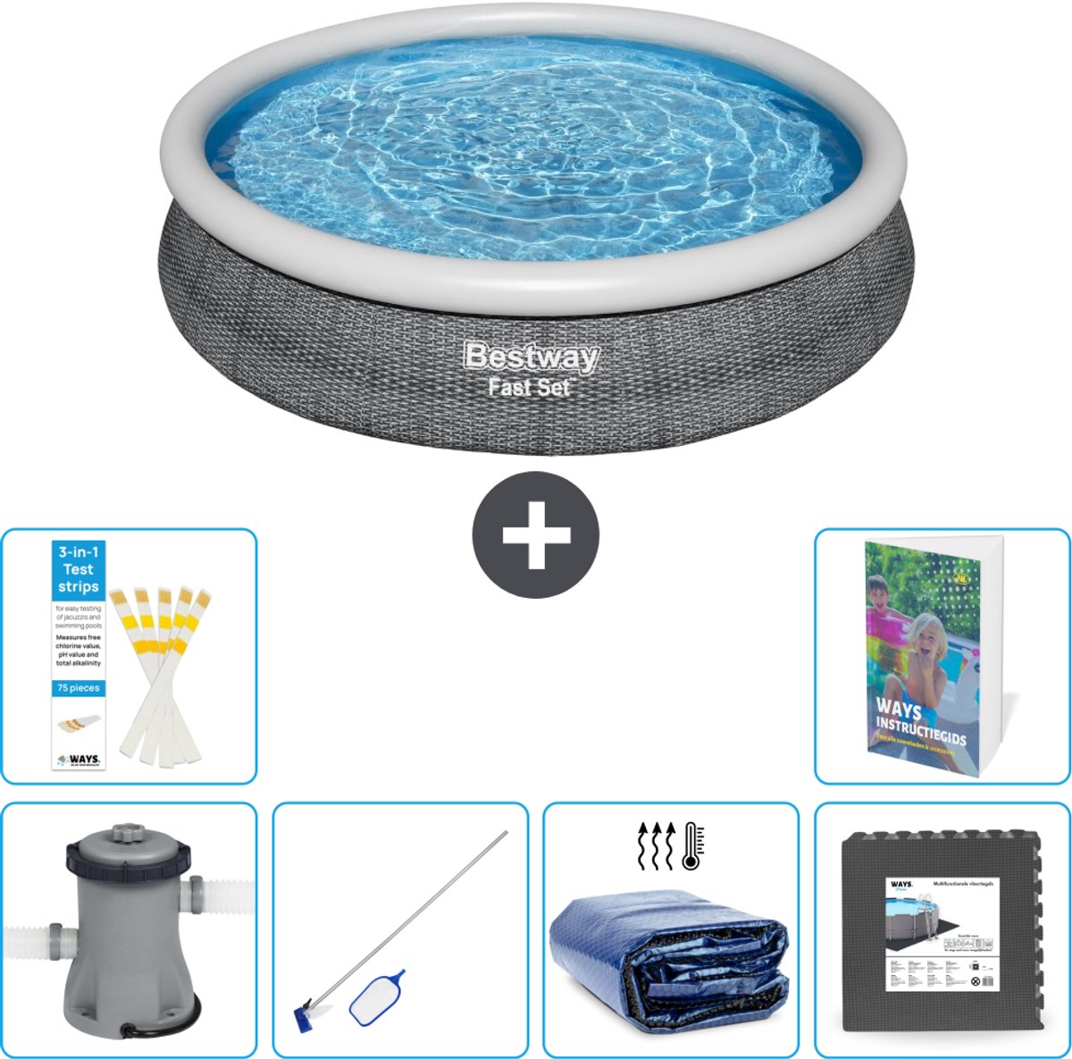 Bestway Rond Opblaasbaar Fast Set Zwembad - Rotanprint - 366 x 76 cm - Inclusief Pomp - Schoonmaakset - Solarzeil - Vloertegels - 7-delig