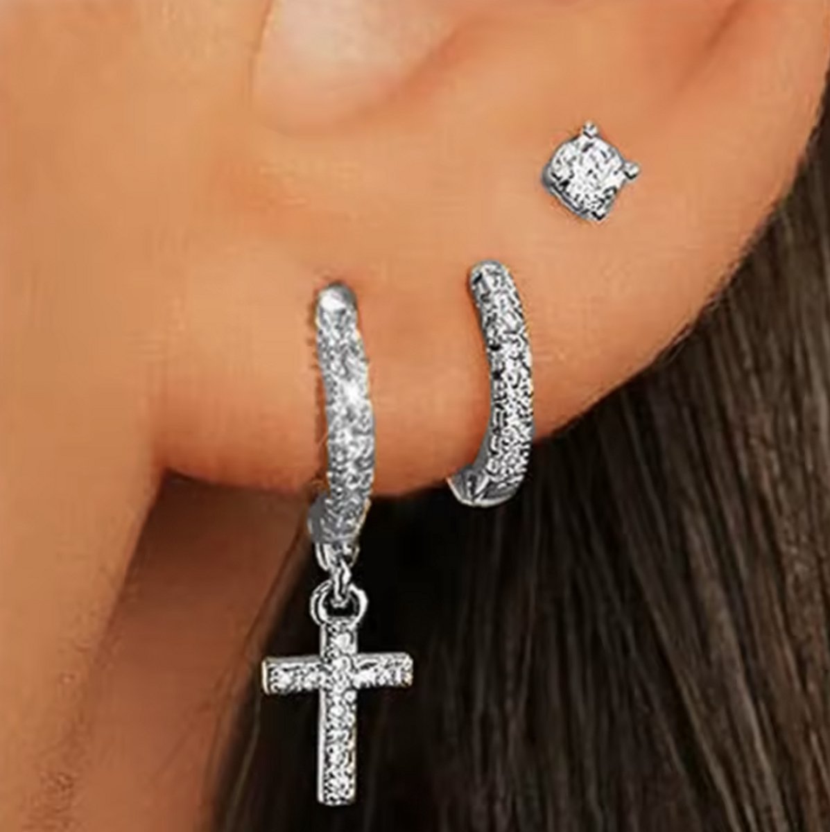 Oorbellen Set - 3 stuks - Kleur: Zilver - Luxe Oorbellen - Incl. Cadeauverpakking - Oorhangers / Oorring / Oorknopjes - Hoge Kwaliteit RVS - Stainless Steel / Roestvrijstaal - Verkleurt Niet - Oorbellen Set - Oorbellen Vrouwen / Dames
