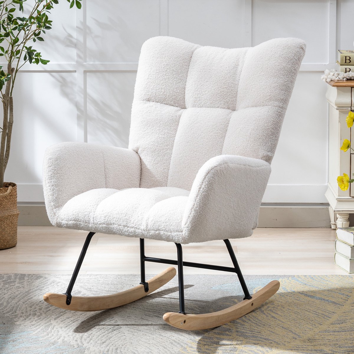 Scandinavische Teddy Schommelstoel - Relaxstoel - Ergonomische Rugleuning - Zachte Teddy Stof - Stevige Houten Basis - Comfortabele Stoel voor Woonkamer Slaapkamer Babykamer-Wit