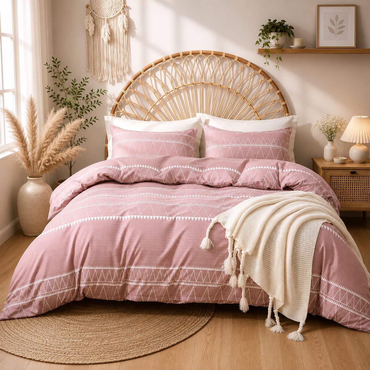 Dekbedovertrek 240x220cm Boho Roze Microvezel - 3-delig met 2 kussenslopen 50x75cm