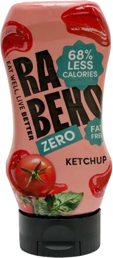 Rabeko Zero Ketchup fles met opdruk van tomaten, pepers en de tekst '68% minder calorieën', 'vetvrij'.