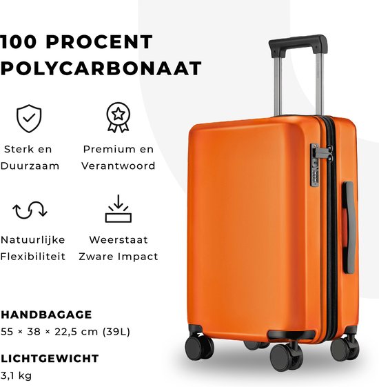 Oranje handbagage koffer van 100% polycarbonaat met een TSA cijferslot. Afmetingen: 55x38x22,5 cm. Gewicht: 3,1 kg.