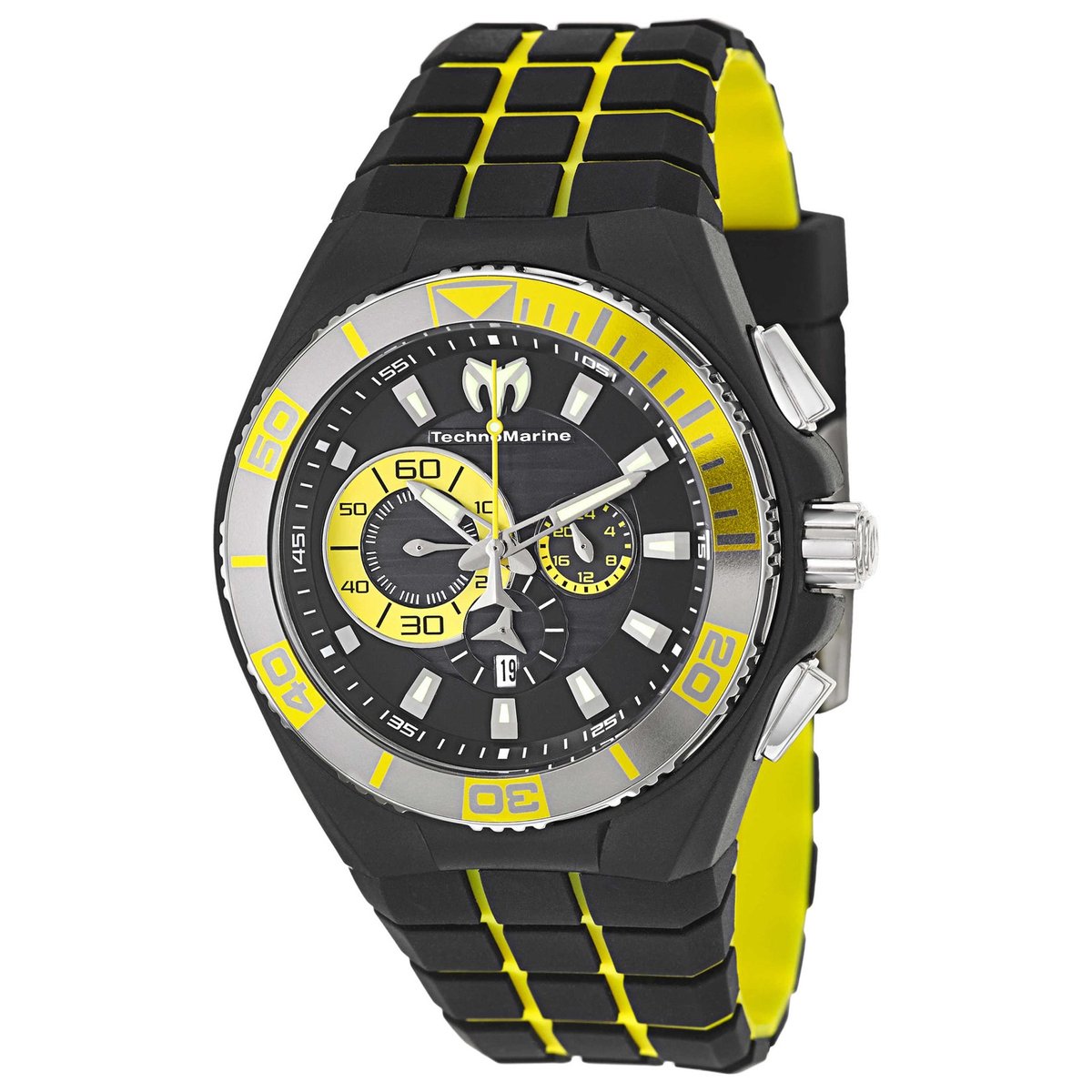 TechnoMarine Cruise TM-112016 Herenhorloge - 45 mm - Japans Quartz Chronograaf - Zwarte Wijzerplaat - Zwart/Gele Siliconen & Canvas Band - 20 ATM Waterdicht