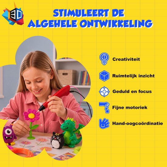 Meisje maakt met een rode 3D-pen een roze bloem. Naast haar staan een draak, monster en kat. De tekst somt vaardigheden op zoals creativiteit en ruimtelijk inzicht.