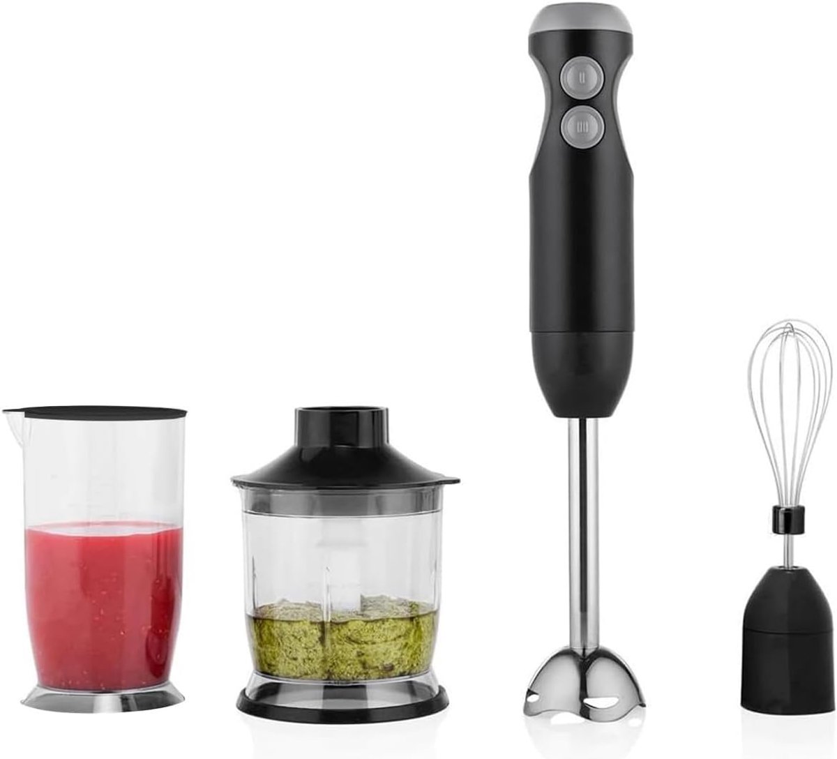 - 4-in-1 staafmixer met zeer robuust roestvrijstalen lemmet, inclusief accessoires voor hakken, kloppen en mengen, ideaal voor smoothies, soepen en romige sauzen