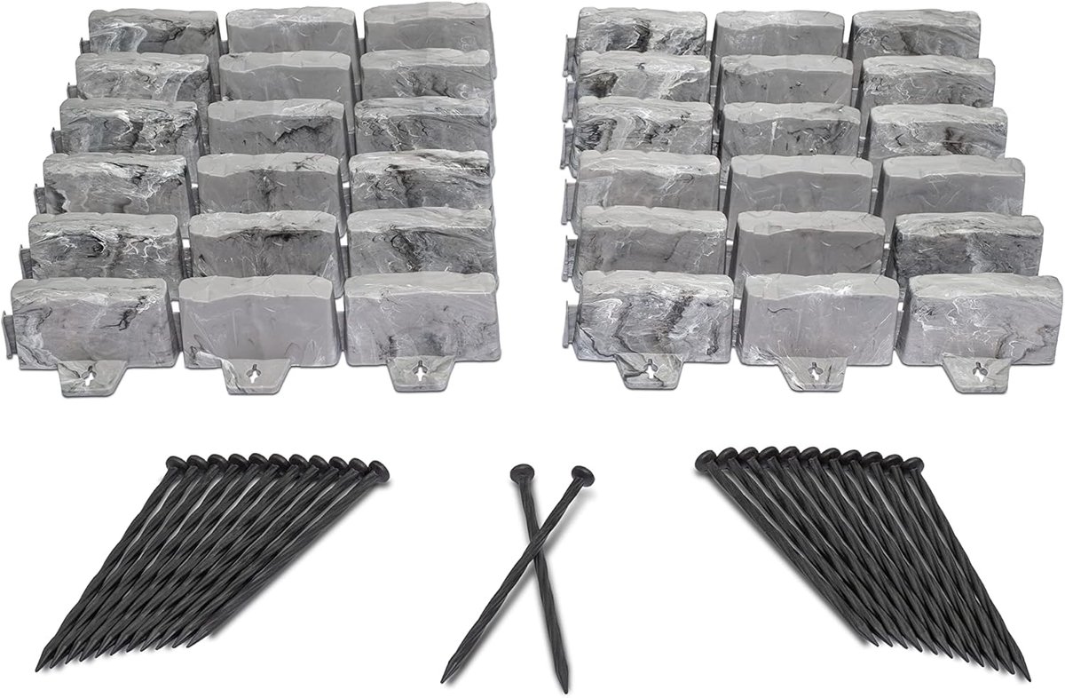 No-Dig Landschapsrand met verankeringspikes, 6,9 cm hoge decoratieve steenlook tuinrand, 15 voet kit, leisteen grijs