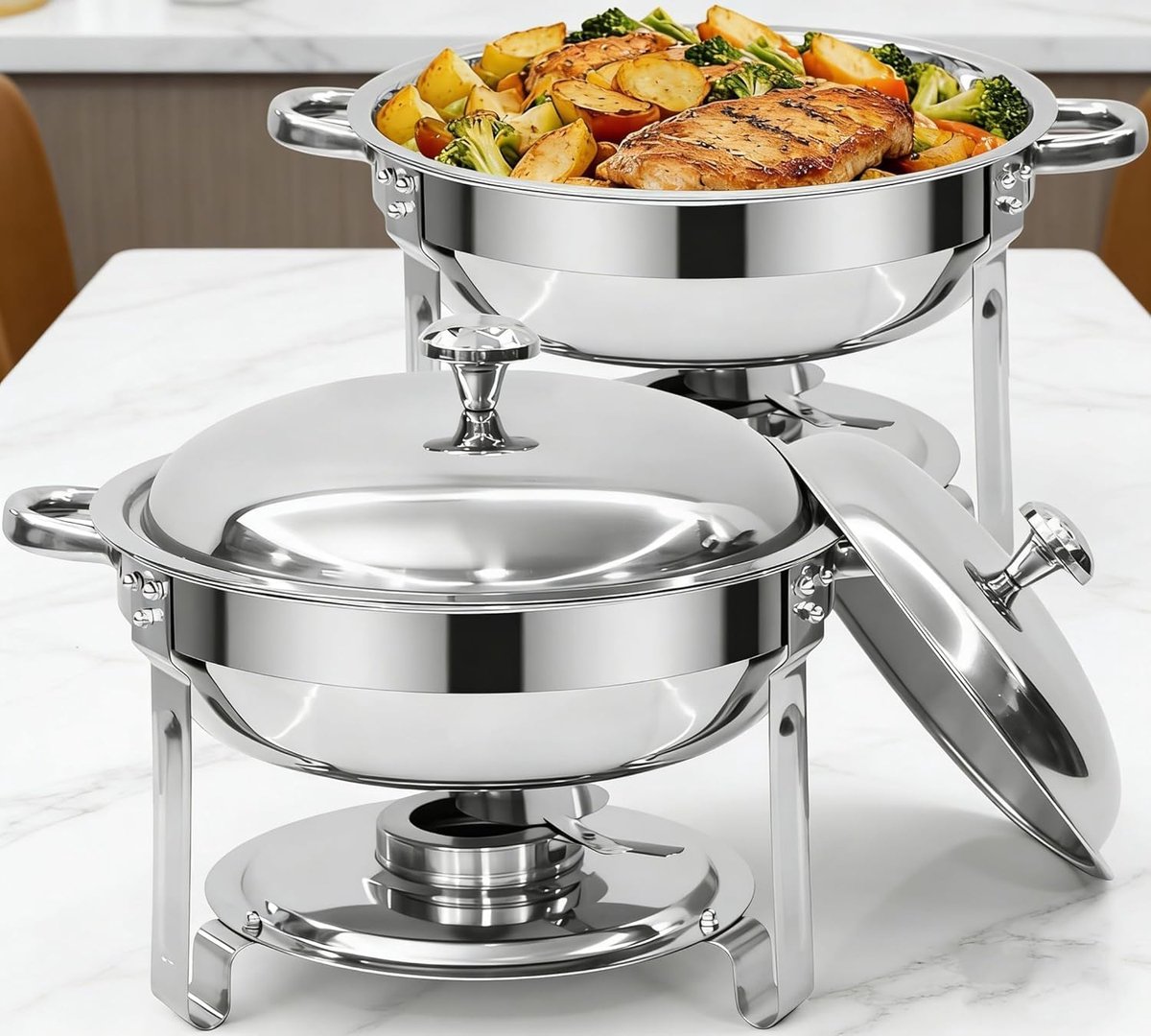 2er-Set, 6L Rundes Edelstahl Chafing-Dish-Set | Edelstahl spiegelpoliert, incl. Speiseeinsätze & Brenner, für Buffet, Hochzeiten, Picknick, Hotel, Zilver