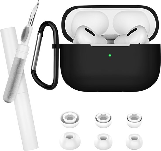 Beschermhoes compatibel met AirPods Pro2/1 2022, met reinigingsset en karabijnhaak, schokbestendige beschermhoes van zachte siliconen voor Apple AirPods Pro2/1 Generation hoes - zwart — afbeelding 5