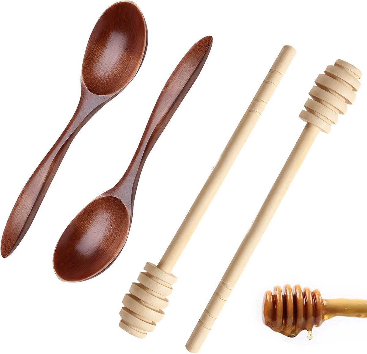 Honinglepels, 4 houten honinglepels, inclusief 2 houten lepels van 14 cm en 2 honingmixers van 15 cm, voor honing, jam, gecondenseerde melk of siroop