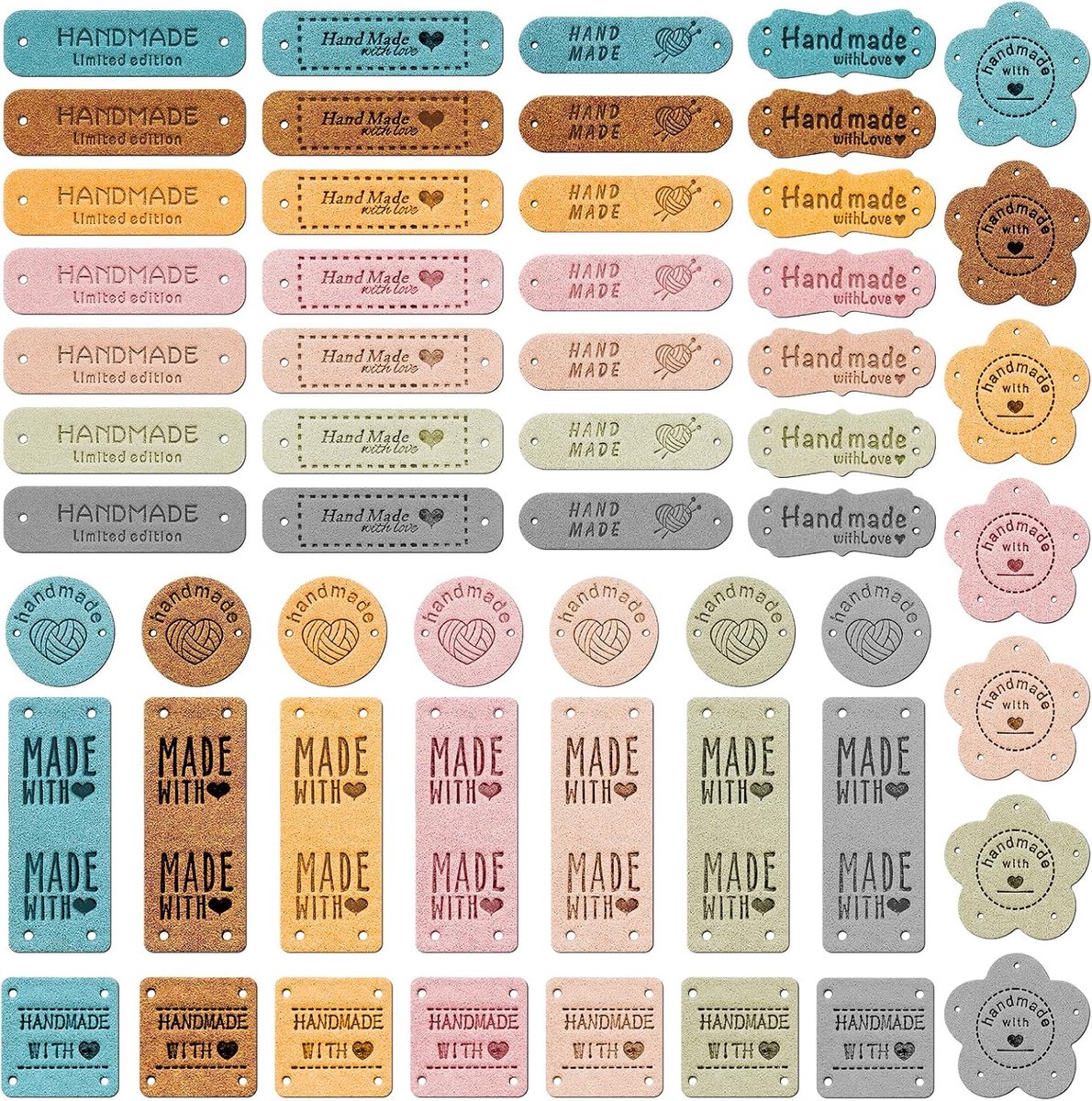 56 stuks handgemaakte labels om aan te naaien, PU handgemaakte lederen label, microvezel lederen etiketten met gaten, breiaccessoires voor doe-het-zelf hoed, jeans, tassen, schoenen,