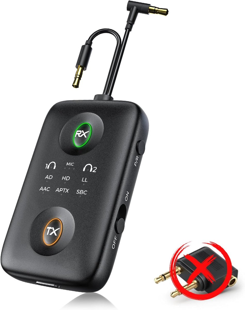 Bluetooth 5.4 Adapter Zender met dubbele 3,5mm-aansluiting, 2-in-1 Bluetooth Zender & Ontvanger Compatibel met Vliegtuig, TV, Auto, Stereo-installatie, Bluetooth Splitter voor 2 Koptelefoons
