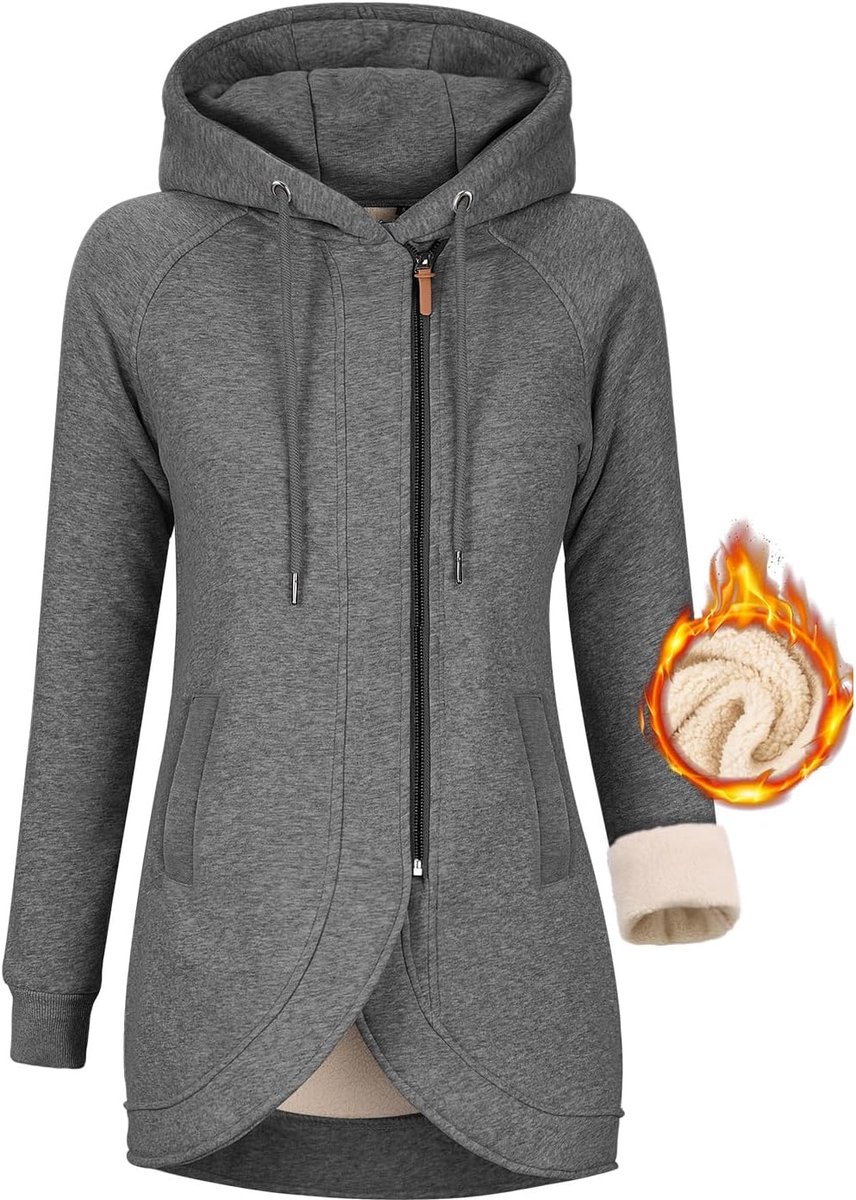 Capuchontrui voor dames, fleecejack, sweatjack, herfst, winter, sweatshirt, lange ritssluiting, gebreide jas met capuchon, lange mantel, outwear, capuchonjas met zakken