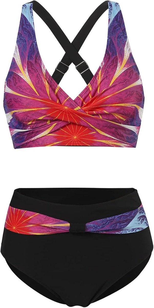 Tweedelige damesbadpakken, bikini met gekruiste top, hoog getailleerde bodem, badpakken voor buikversteviging, badmode met vintage motief
