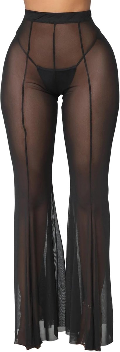 mesh-broek voor dames, wijde broek met hoge taille, cover-up sheer beach broek bikini onderbroek zwempak, sexy ruches uitlopende broek voor performance party rave-kostuum