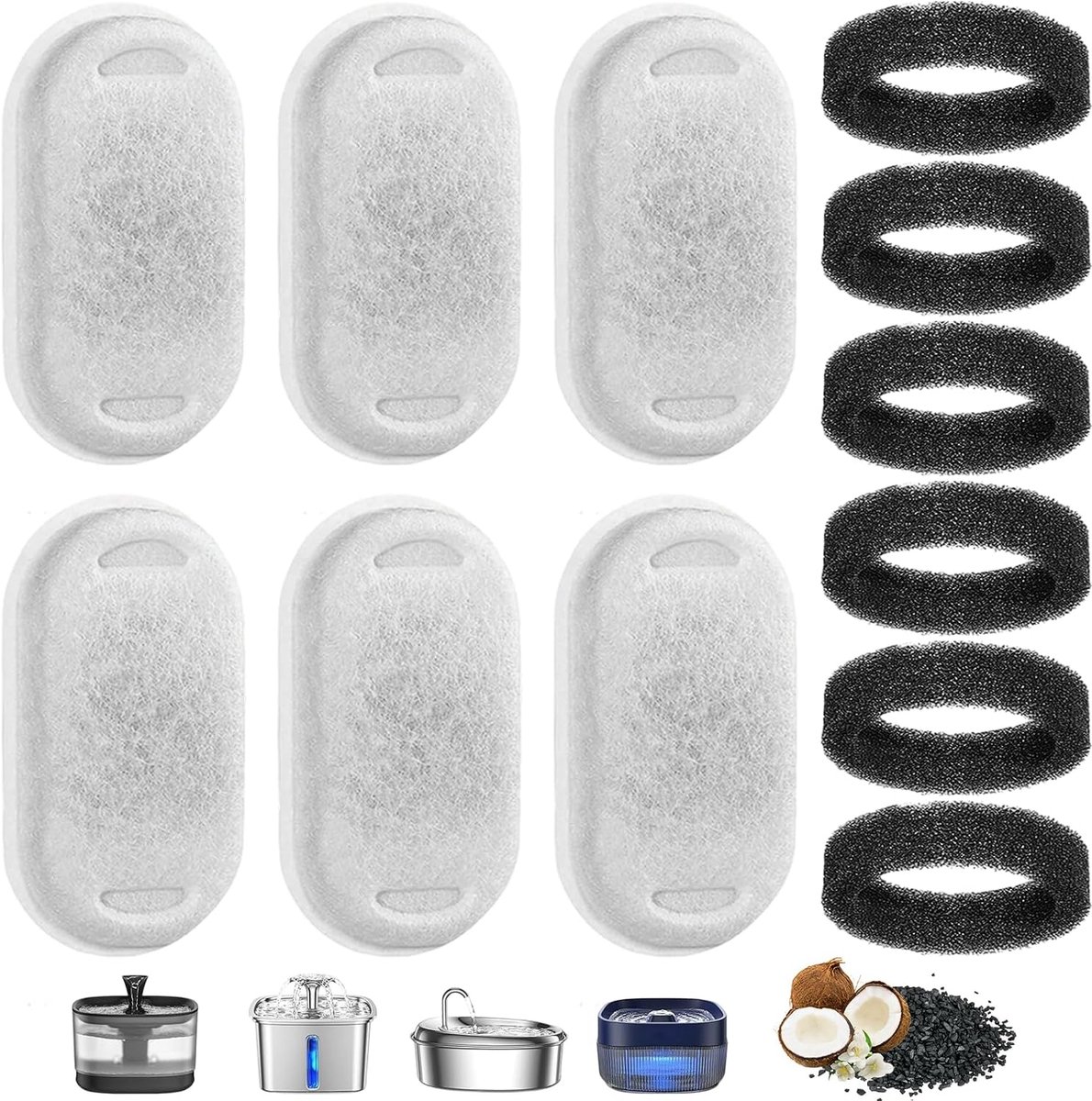 12 stuks filters voor kattenfonteinen, filter voor waterfontein, drievoudige filtratie, reservefilters voor water, filter met 6 actieve koolfilters en 6 schuimsponzen