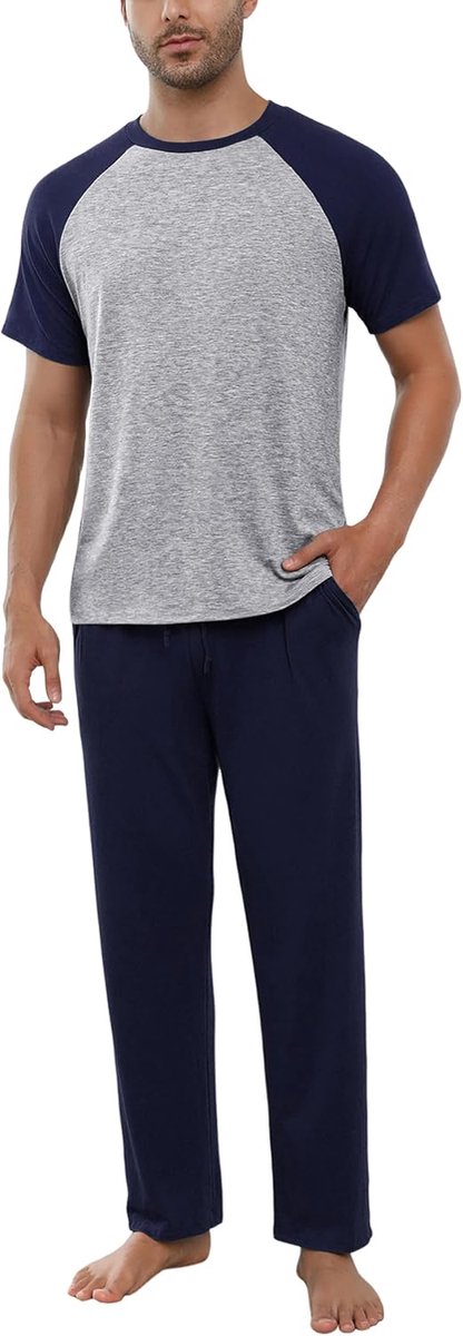 Pyjama voor heren, korte pyjama, katoen, tweedelige set, korte mouwen, shirt, lange pyjamabroek, zomer, nachtkleding voor mannen