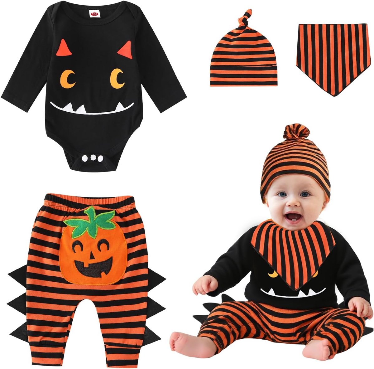Halloween pompoenkostuum, babypompoen kostuum met hoeden, Halloween-romper, pasgeborenen, pompoenkostuum voor Halloween, cosplay, feestkostuum