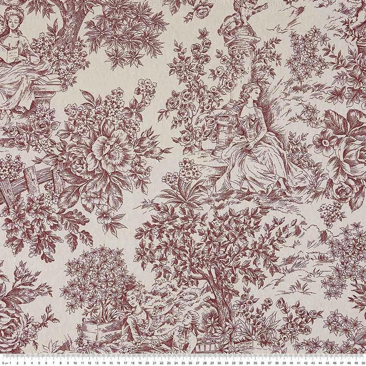 Stof, decoratie, bekleding, kussens, tafelkleden, gordijnen, tassen, knutselen, 300 cm lengte x 280 cm breed, romantisch, Toile de Jouy, granaat, ecru 3 meter