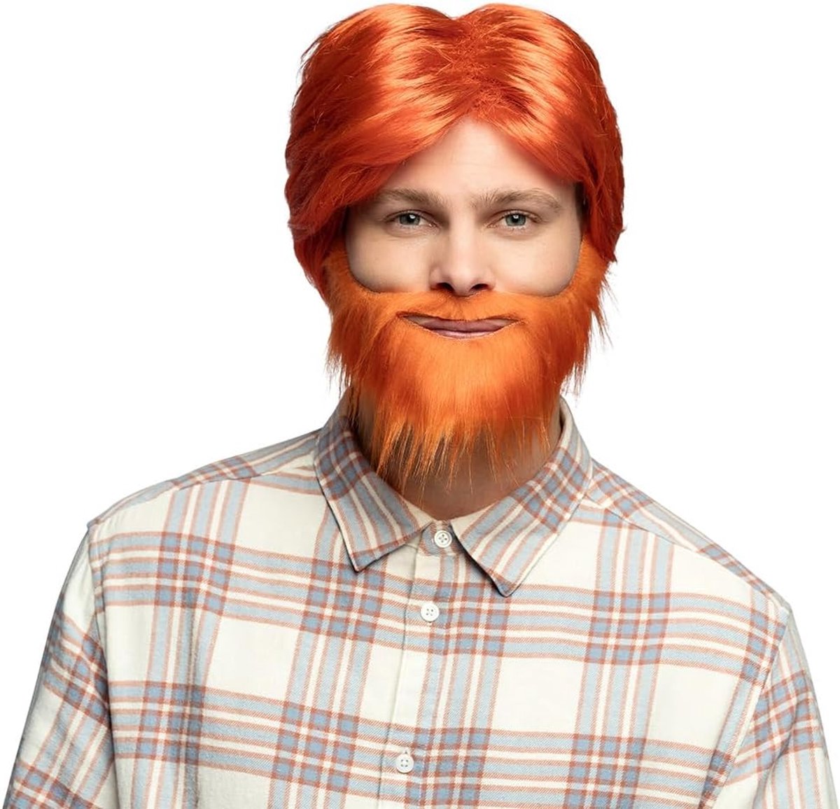 - 85736 - Volwassenenpruik Dude, Oranje, kort synthetisch haar met baard, kapsel, accessoire, hoofddeksel, kostuum, carnaval, themafeest