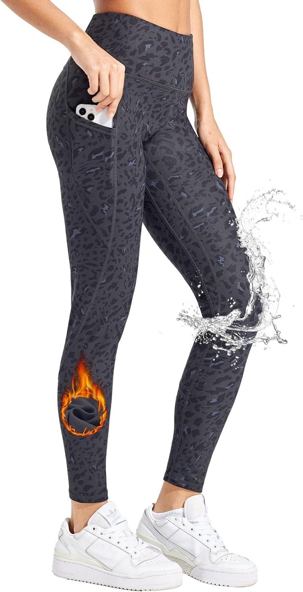 Legging, met fleece gevoerd, voor dames, waterbestendig, thermische broek, warme winterbroek, yogabroek, hardloopbroek, panty, hoge taille