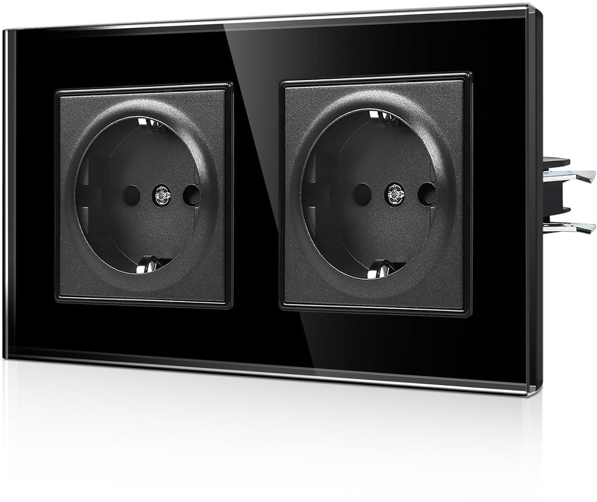 Schuko dubbel stopcontact met klauwen - Tweevoudig wandstopcontact met glazen scherm - 16Amp EU-standaard inbouwstopcontact met kinderbeveiliging - 2-voudig Zwart