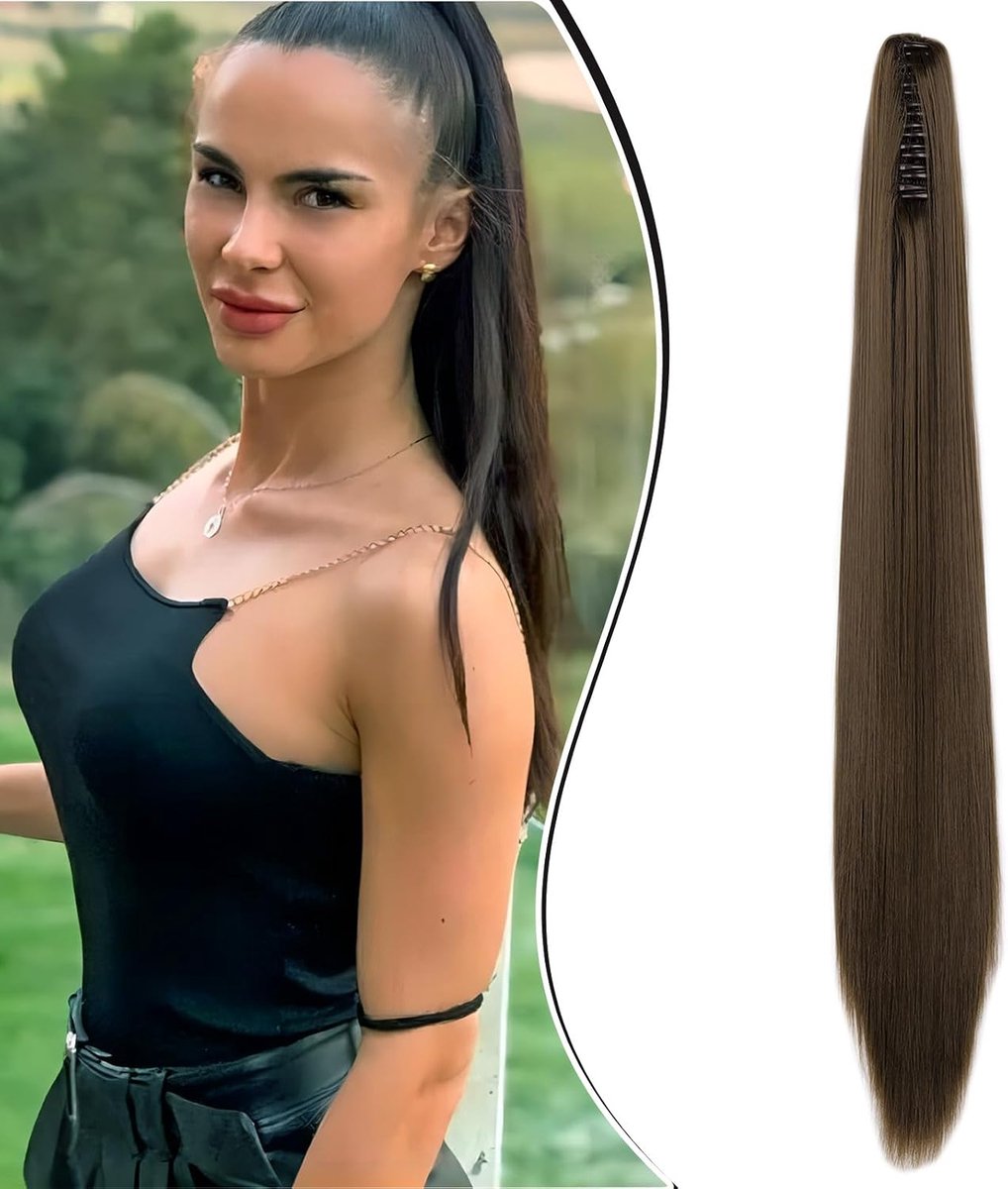 Klauw op Paardenstaart Haarstuk Vlecht Verlenging Rechte Lange Paardenstaart Extensies Haarverlenging Synthetische Ponytail, 55cm Kastanjebruin
