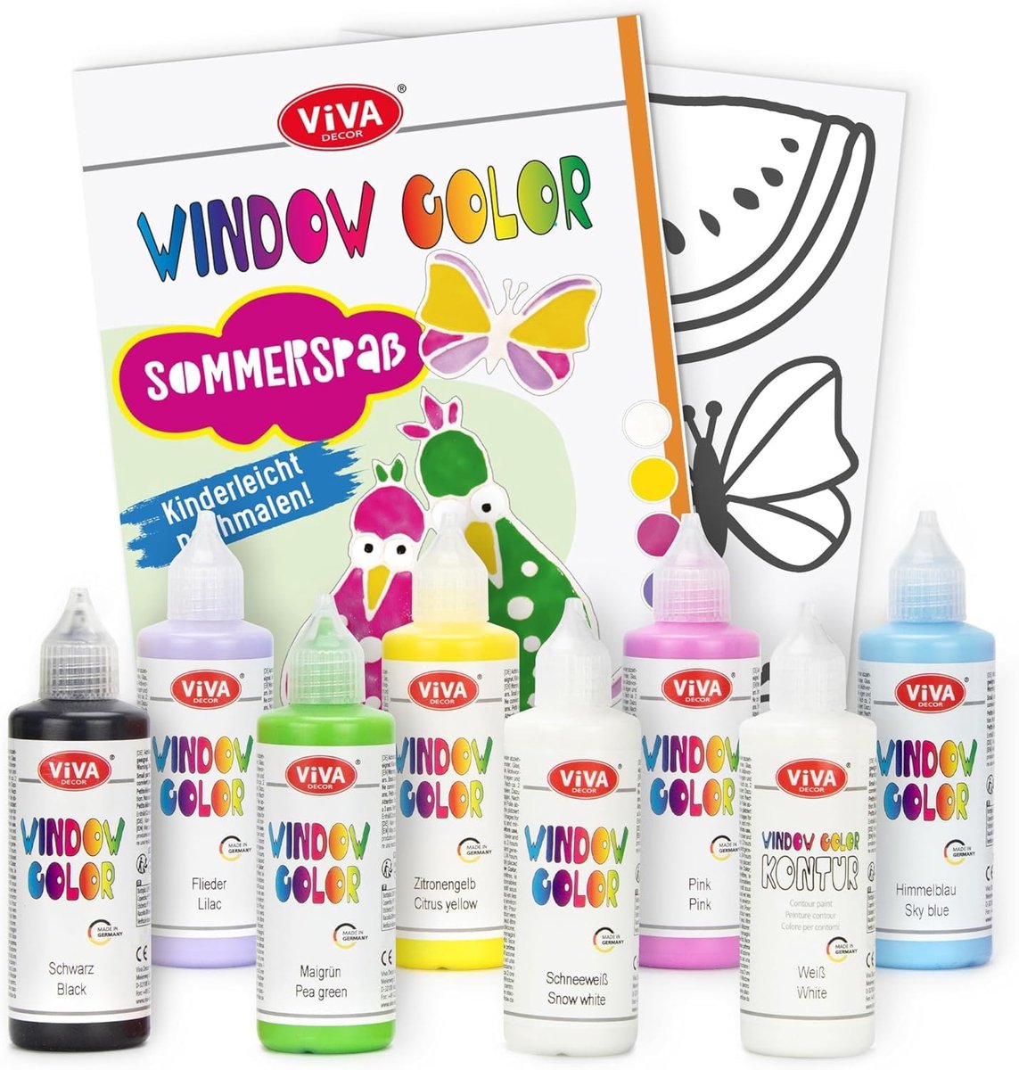 LM-Kreativ Summer Fun - Window Color raamverf set - 8 x 80 ml - op waterbasis en afpelbaar - met sjablonenboekje