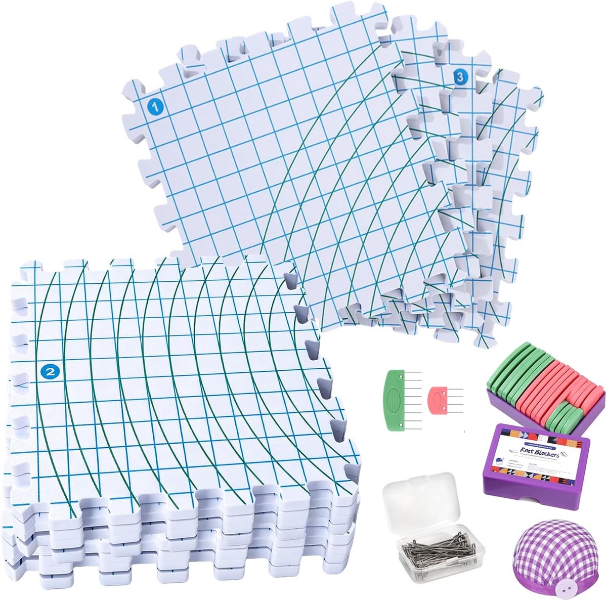 9 stuks blokkerende matten met raster, extra dikke spanmatten voor breien, spanmatten voor handwerk, met Knit Blockers Box, naaldhouder en 180 vormnaalden voor breien, haken en granny squares