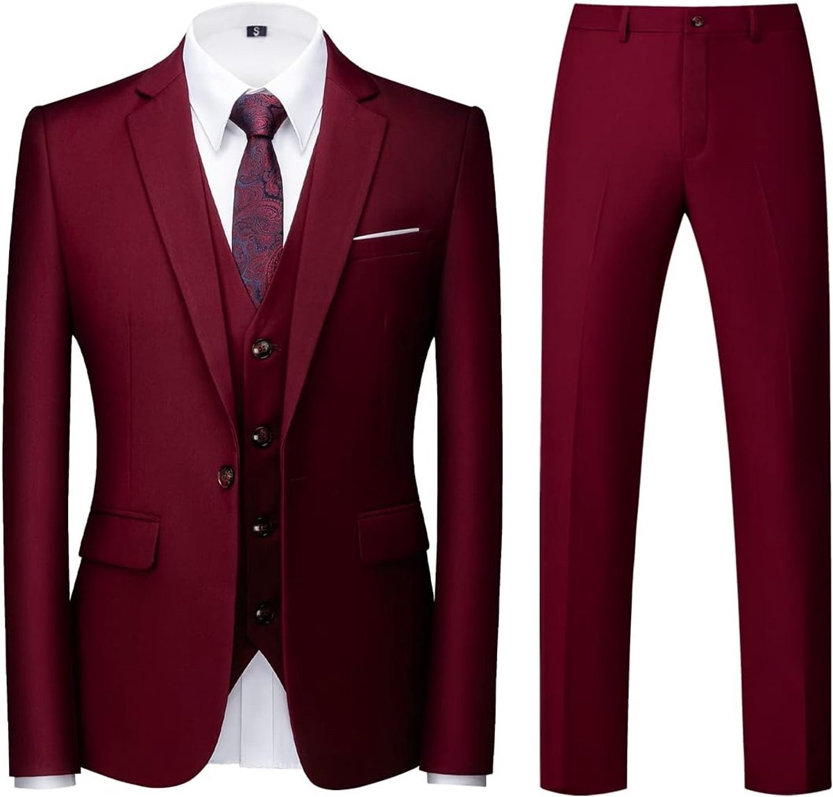 Herenpak 3-delig Slim Fit Eén Knop voor Bruiloft Zakelijk Herenkostuum Jas Vest Broek, wijnrood1, L
