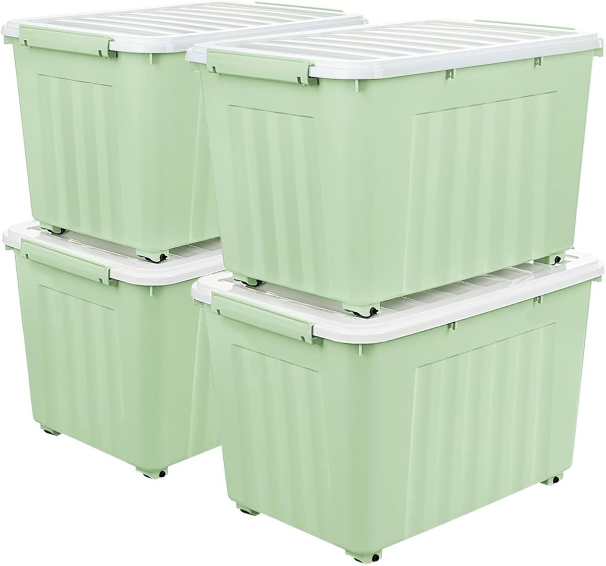 55L x 4 opbergdozen met wielen, plastic opbergdoos met deksel, vergrendelende gespen, kliksluiting, stapelbaar, nesten, duurzame organizer voor thuiskantoorkleding, groen, 55L-4 Pack