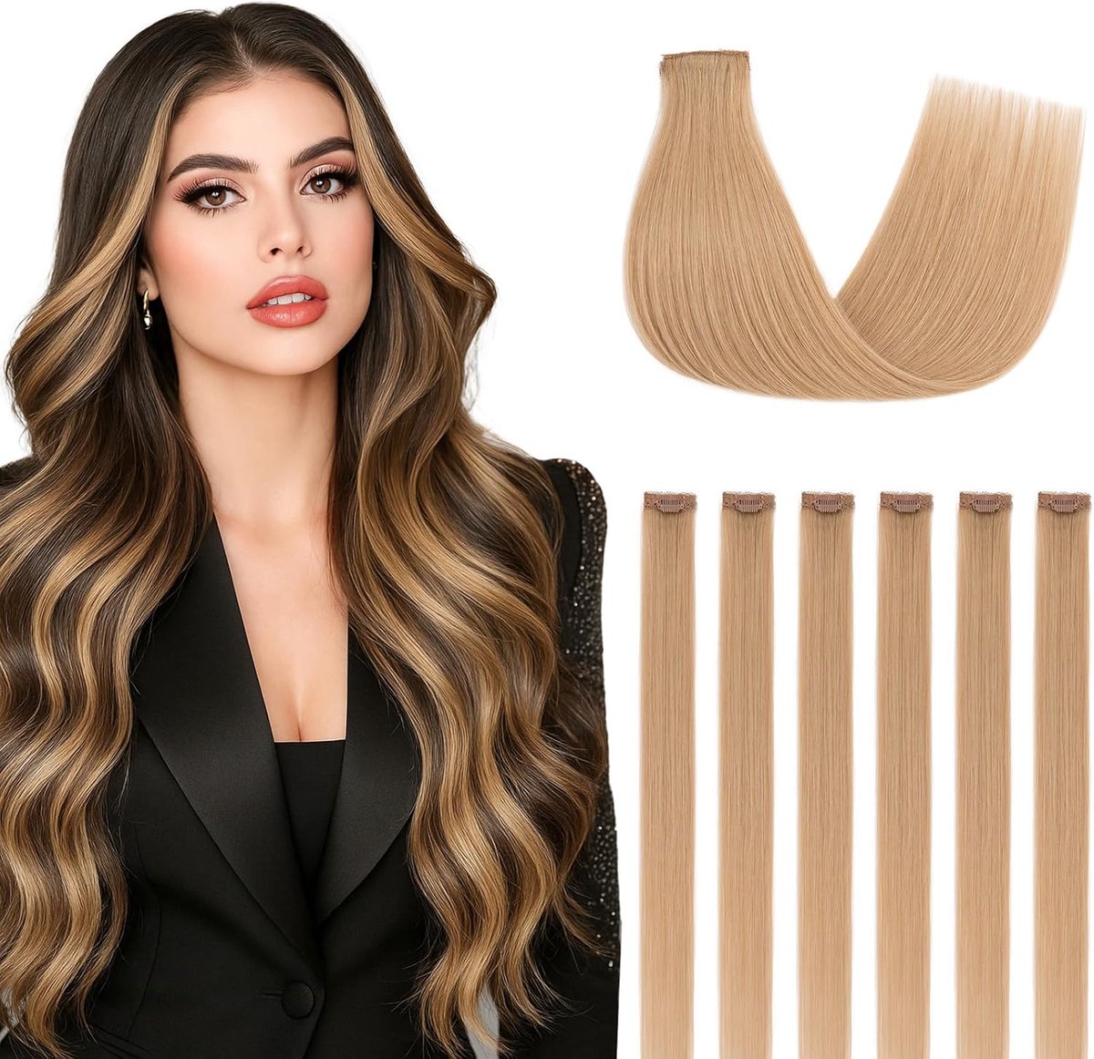 Clip-in extensies van echt haar, 6 stuks, single clip highlights, haarextensies, gladde haarverlenging, natuurlijk voor vrouwen en dames, donkerblond #27,25 cm, 31 g