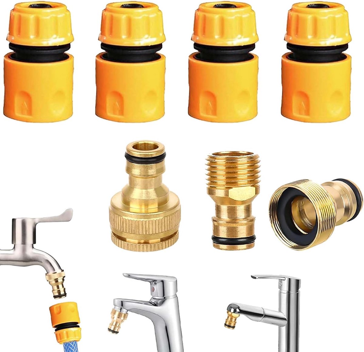 7 stuks tuinslangaansluitingen, tuinslangaansluiting 1/2, keukenkraan 1/2 en 3/4 2-in-1, adapter voor kraan 1/2, adapter voor binnendraad 22 mm en buiten 24 mm