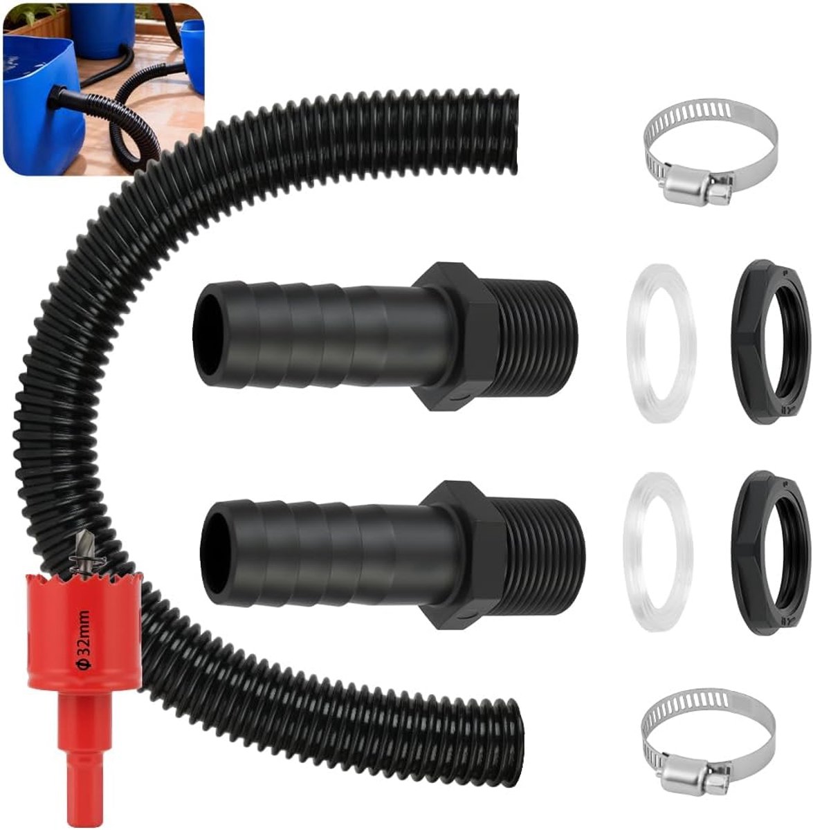 Kit voor waterstootverbinding, kit voor waterstootverbinding, 50 cm flexibele verbindingsslang, 2 stuks waterstootaansluiting 25 mm, 2 rubberen afdichtingen 2 slangklemmen, regenstootconnector