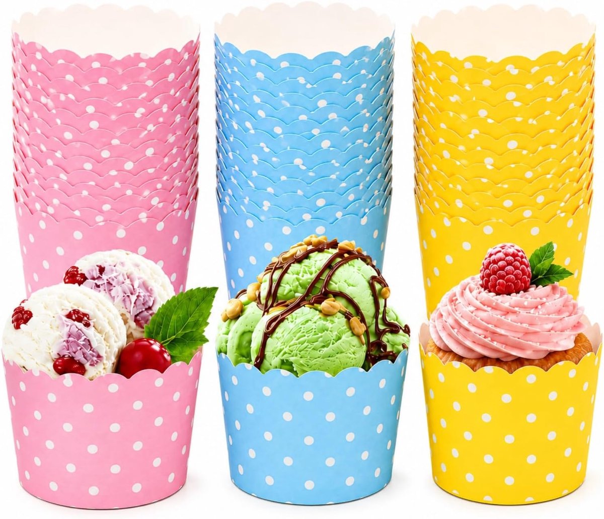 50 stuks papieren ijsbekers, CIYIN cupcakevormen, ijsblokjesbekers, papieren muffinvormpjes, ijsbekers van papier, wafelbekers voor dessert, feest en horeca (B,150 stuks)