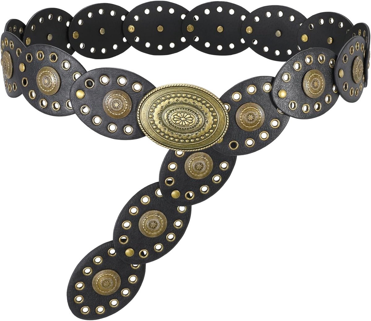 Concho riem voor dames, brede boho-westernriem, boho-tailleriem voor jurken, rokken en jeans, A-zwart, 120 cm(für Taillenumfang unter 109 cm)