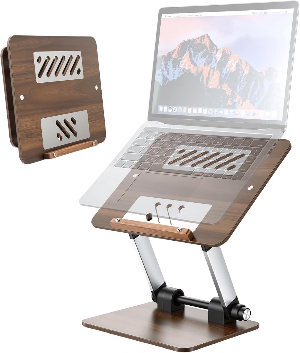 aceyoon Laptopstandaard van hout, in hoogte verstelbaar, laptopstandaard voor het bureau, geventileerde laptophouder, ergonomische dual-bar notebookstandaard voor MacBook Air/Pro en 11-17 inch