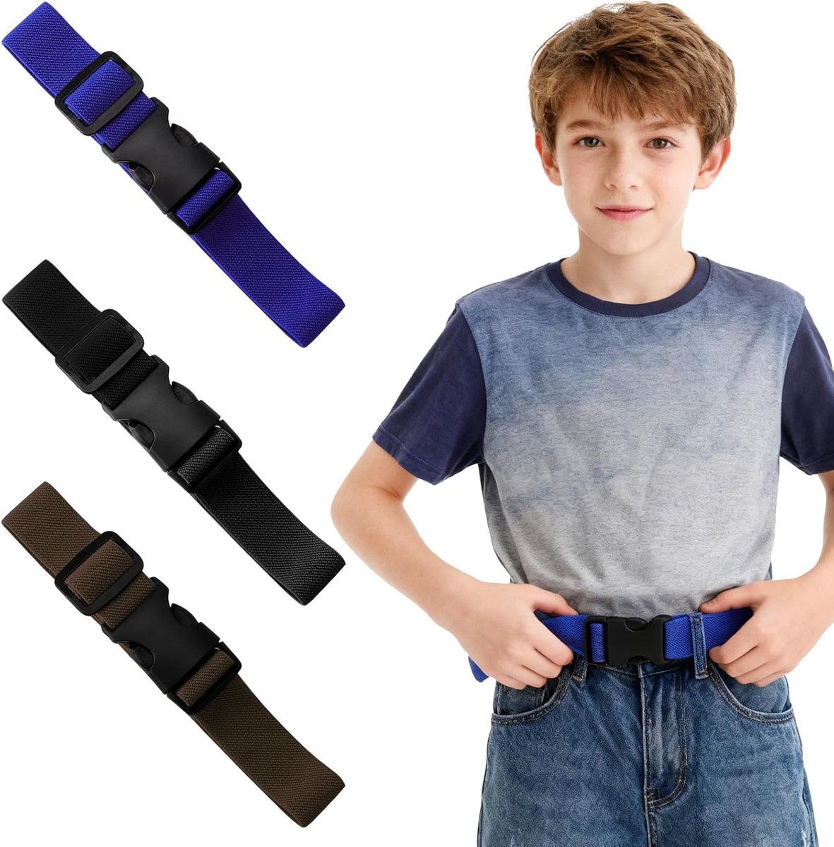 3 stuks kinderriem voor jongens, elastische riem voor kinderen, jongens & riem meisjes, zonder gesp, kinderriem jongen met uitbreidingsknop, kinderriem voor schooluniform, jeans, broek