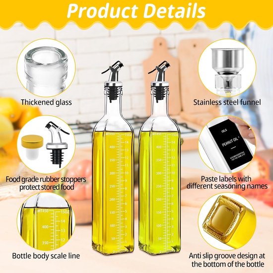 4 Stuks Olijfolie Dispenser Fles,500 ML Olie en Azijn Dispenser,Oliedispenser voor Keuken,Olijfoliefles met Schenktuit,Zelfklevende Etiketten en Trechter,voor Gereedschap voor Barbecue,Salade — afbeelding 2