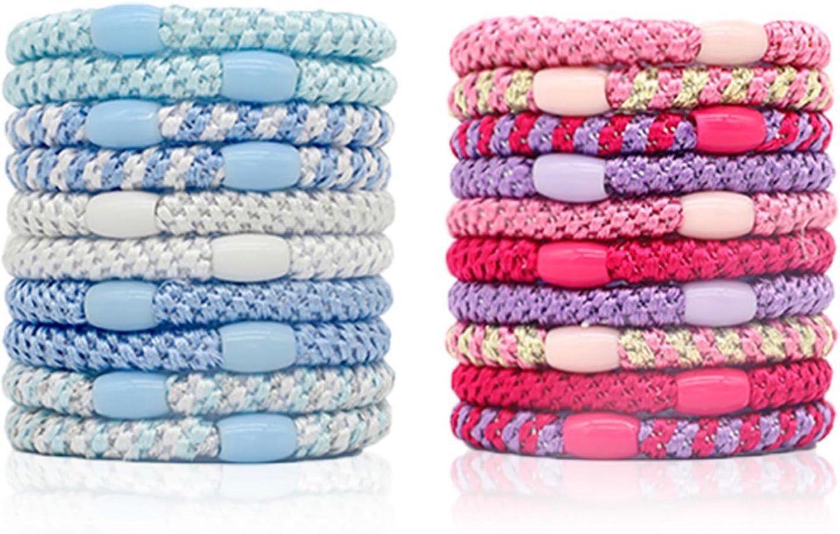 Haarelastiekje, origineel, set katoenen bandjes, zacht geweven paardenstaart-houders voor dik en krullend haar (roze + blauw)