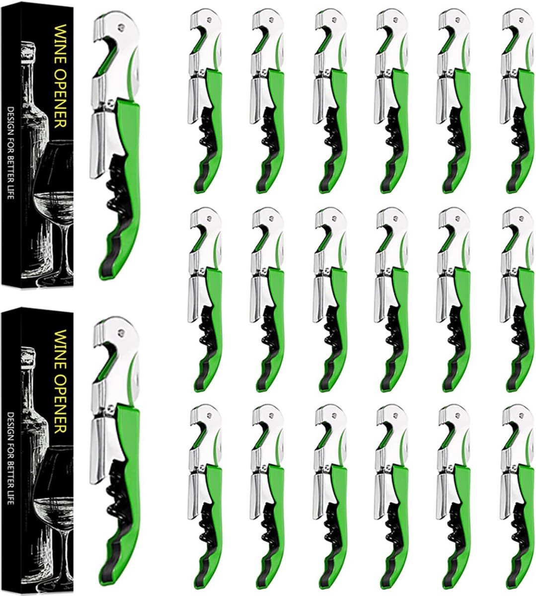 Kelnermes, 3-in-1 flesopener, kurkentrekker roestvrij staal, wijnopener voor sommeliers, kelners en barkeepers, bieropener en foliesnijder set (10, groen)