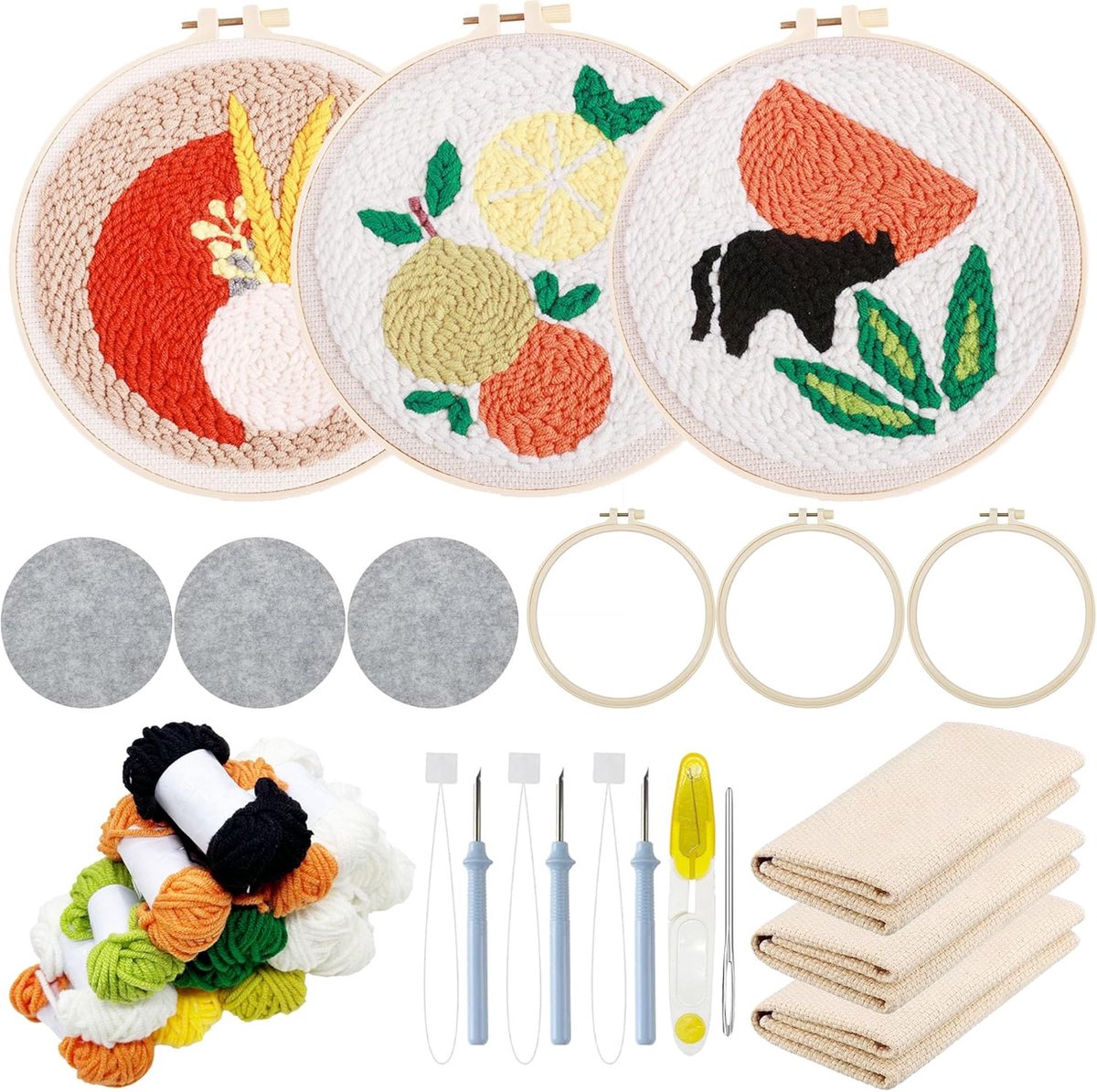 3-delige set ponsnaalden, borduurset voor beginners, stansnaalden, borduurwerk, starterset met fruit- en kattenpatroon, doe-het-zelf stansnaaldenset met borduurframe, ponsnaald, stof, draden,