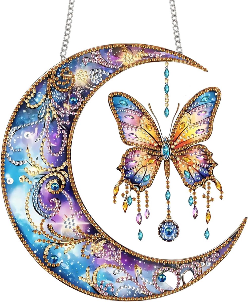 Diamond Painting Hanger Maan, Hangende Diamantkunst Diamantschildersets Vlinder, 5D Diamantschilderij Raamhangerdecoratie Voor Huis, Tuin, Deur & Buitenruimte 20x20 Cm