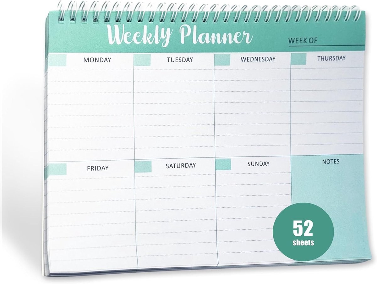 Weekplanner - Spiraal Weekplanner - Kladblok - 7,5 x 10 inch - 52 Vellen 100 gsm - Ongedateerde Planner - Tijdmanagement en Gewoontetracker - Groen - Weekkalender voor Organisatie