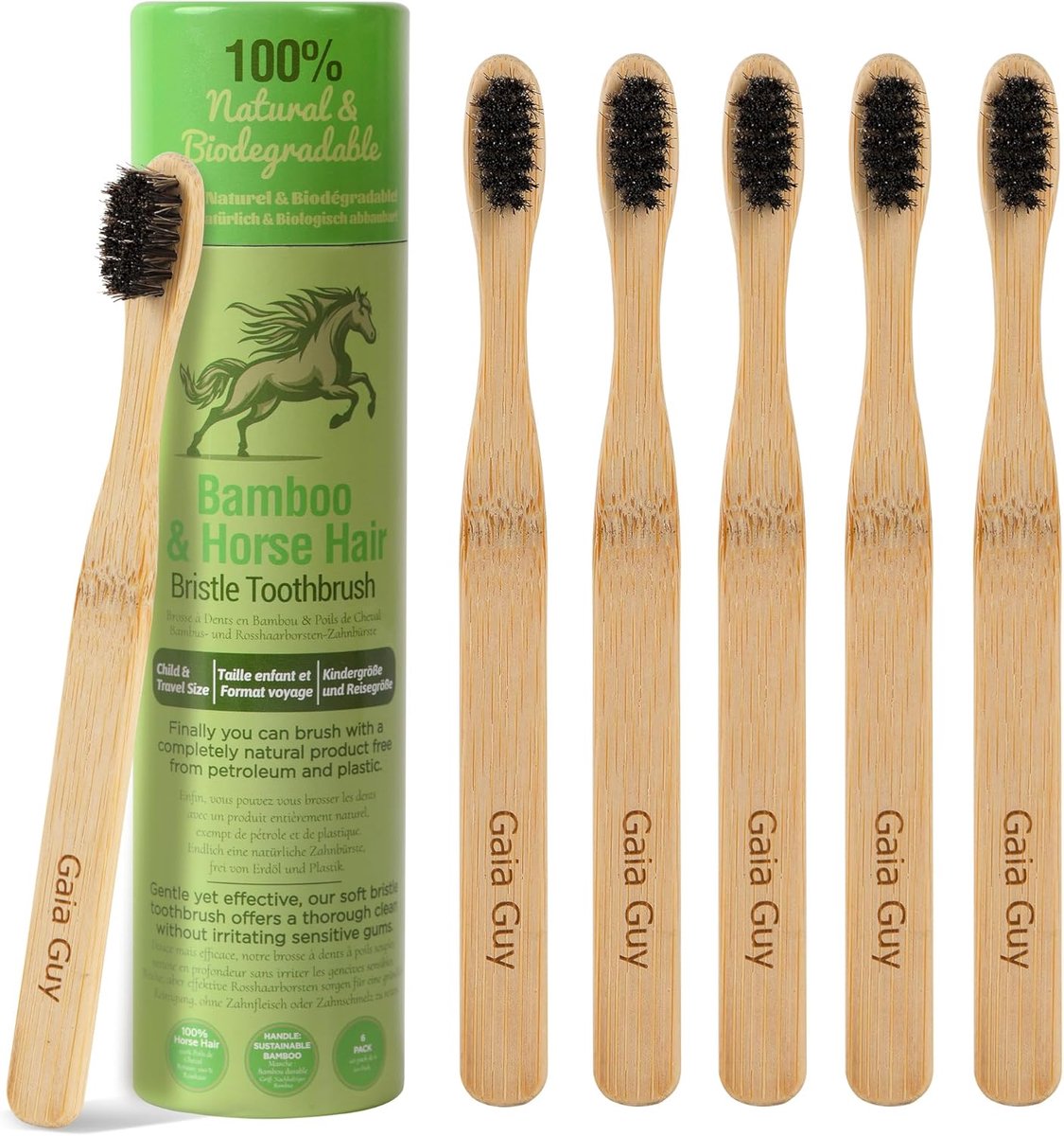 SnelShoppen - Kleine Bamboe Tandenborstel - 6 Stuks Zachte Paardenhaar Haren (geen Nylon, Plastic Vrij) | Compact Formaat voor Kinderen of Volwassenen