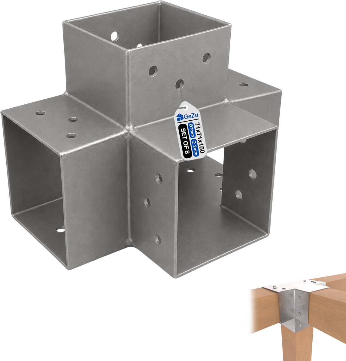 GeZu Impex Paalverbinder X 71x71 mm Thermisch Verzinkt Set van 8 Pergola Paalverbinder Type-X 4-Weg Hoekverbinder Paviljoen Doe-Het-Zelf Houtconstructie Beugel Houtverbinder